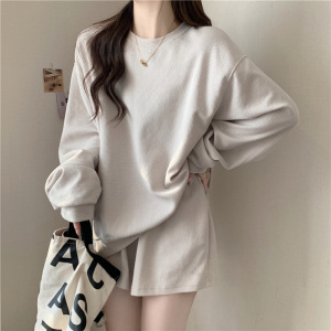 华夫格长袖T恤卫衣+三分裤短裤子两件套女圆领打底衫女士休闲套装_247