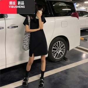 YIBUSHENG2022年新款女装黑色连衣裙辣妹性感修身小个子开叉包臀春季裙子