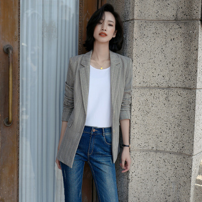 条纹小西装OL修身显瘦外套女2019秋装新款时尚气质条纹西服职业棉麻长袖工作服
