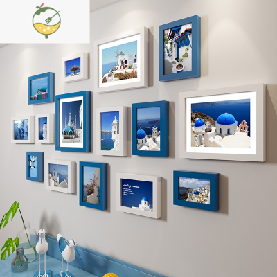 组合儿童小相框照片墙像框架挂墙 蓝白混搭 地中海画芯 5寸 7寸 10寸