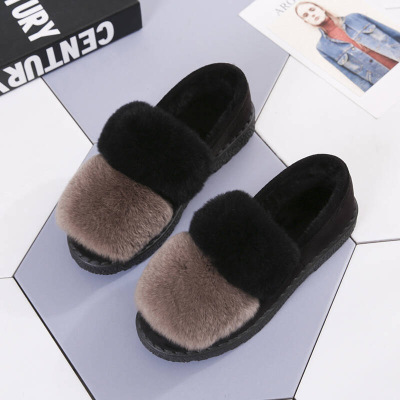 2018新品秋冬超大兔毛蝴蝶结毛毛圆头单鞋豆豆鞋加棉平底鞋女休闲