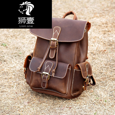 狮壹（Lionone）男女士真皮双肩包复古疯马皮A4背包头层牛皮韩版英伦休闲书包疯马皮复古棕