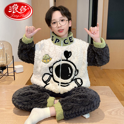 浪莎儿童睡衣男童秋冬季加厚珊瑚绒男孩家居服法兰绒宽松保暖套装 白色太空人 10 建议身高110-120