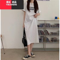 YIBUSHENG中长款T恤裙懒人过膝长裙宽松大码开叉孕妇休闲短袖连衣裙子