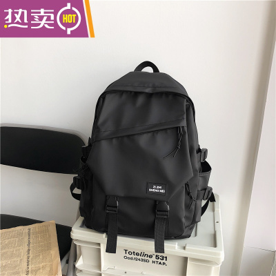 NEWLAKE2021新款背包ins书包男韩版原宿ulzzang高中大学生潮流CP双肩包女黑色不带挂件-