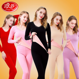 浪莎保暖内衣女士加绒加厚秋衣秋裤套装修身美体防寒显瘦内穿打底衫 黑色套装 加绒加厚 黑色套装 统一尺码