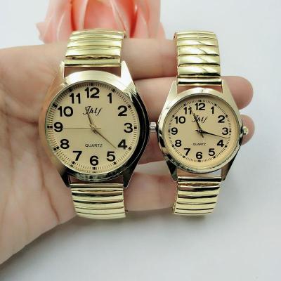 铭侣石英表男女老年人手表男女款老人手表大数字防水手表松紧带老年表石英表金色