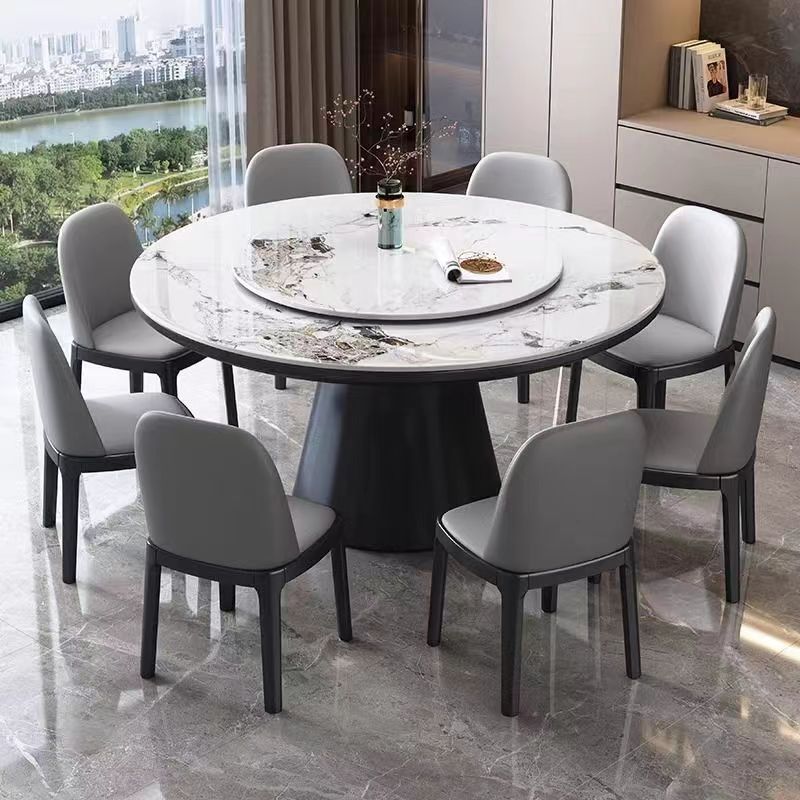 青木川 简约现代实木餐桌椅组合客厅餐厅家用小户型带转盘圆桌微晶石圆形吃饭桌子