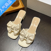 SUNTEK法式凉鞋2023年新款女时尚潮流中跟粗跟半拖蝴蝶结一字拖外穿方头