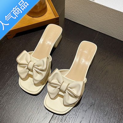 SUNTEK法式凉鞋2023年新款女时尚潮流中跟粗跟半拖蝴蝶结一字拖外穿方头
