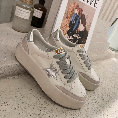 Ideamini复古皮脏脏星星小白鞋女增高厚底春款百搭系带平底低帮休闲板鞋休闲鞋