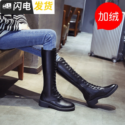 长筒靴女2018新款韩版百搭加绒靴子女冬粗跟中跟长靴高筒马靴皮靴启如