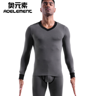 奥元素男士保暖内衣套装男秋衣秋裤打底衫棉毛衫薄款莫代尔修身v领青年011AB