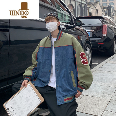 YANXU美式水洗拼接牛仔外套男2023新款潮牌复古高街百搭情侣棒球服夹克