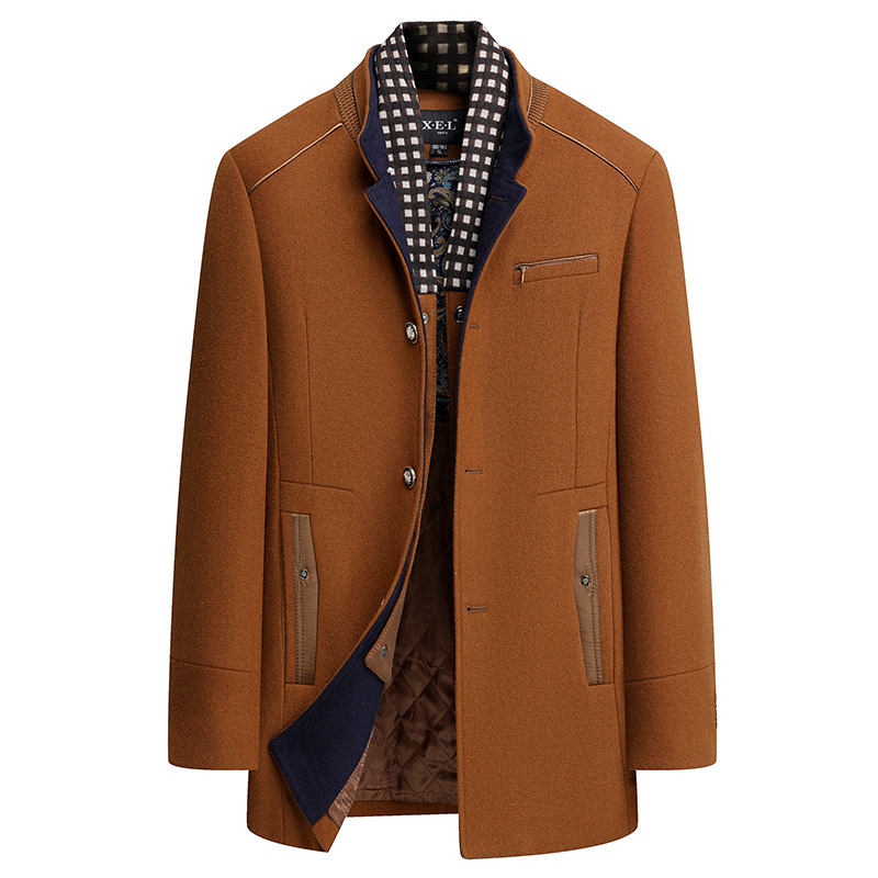 欧美主推男士羊毛呢子大衣加棉加厚围巾领外套男装上衣呢外套