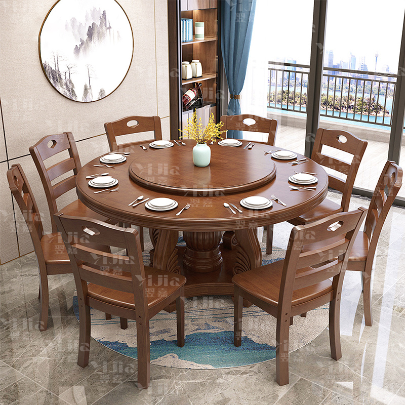 翌嘉 实木餐桌圆形餐桌椅组合1.3米圆桌8把餐椅