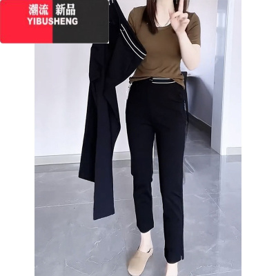 YIBUSHENG大码女装2024季新款高腰显瘦九分烟管直筒休闲裤薄款黑色裤子女