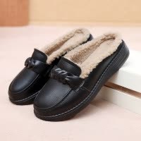 加绒真皮女拖鞋轻便软底软面女鞋平跟加绒保暖真皮妈妈鞋
