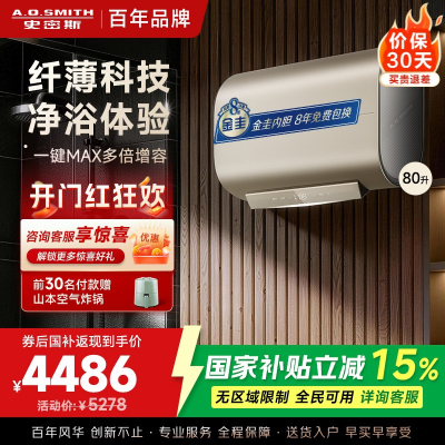 A.O.史密斯电热水器80升 超薄双胆扁桶储水式家用洗澡速热 智能控制HGE 3000W MAX增容 HGE