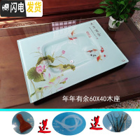 三维工匠2020家用玻璃茶盘长方形钢化玻璃茶盘套装茶台茶海盘陶瓷琉璃 年年有余60X40木座茶具