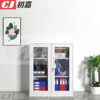 初嘉WJGT-024钢制文件柜窄边资料柜拆装档案柜带锁储物柜纯白对开门玻璃矮柜