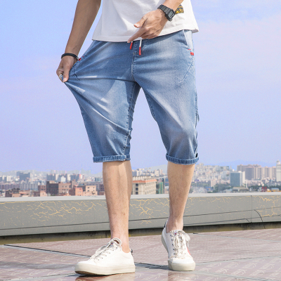 夏季薄款七分牛仔短裤男士松紧腰系带57五分马裤韩版宽松弹力中裤
