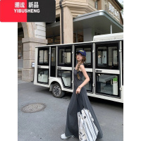 YIBUSHENG韩系气质方领A字收腰吊带连衣裙女灰色简约内搭打底背心长裙季