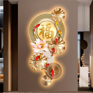 维诺亚新中式玄关装饰画九鱼图led带灯画轻奢中国福走廊过道氛围壁画