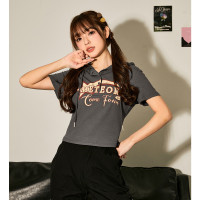 [2.5折价70元]唐狮夏季女连帽前胸字母短款短袖T恤百搭辣妹韩版潮流时尚