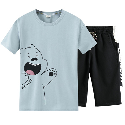 狮臣SHICHEN2021年夏季新款圆领T恤套装男运动套装男百搭潮男休闲款五分袖套装男薄款短袖短裤套装男装TZ9114湖蓝色M