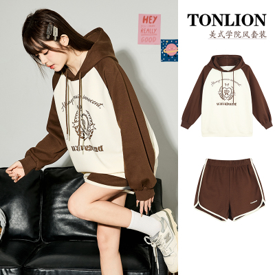 [3件8.5折144.4元,叠加优惠券]唐狮春秋新款女学院风连帽卫衣短裤美拉德cz