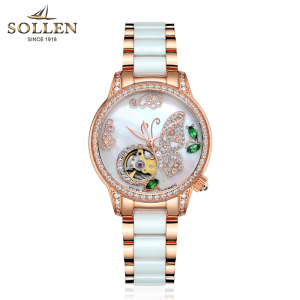 梭伦(SOLLEN)手表女自动机械表防水女表蝴蝶镂空时尚潮流镶钻陶瓷表SL406