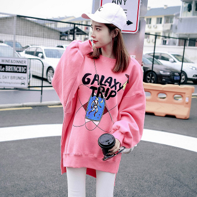 SUNTEK欧洲站女装新款春秋薄款欧货粉色无帽卫衣女潮宽松韩版中长款胖MM卫衣