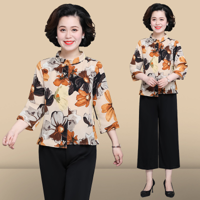 中年妈妈夏季洋气七分袖上衣两件套中老年气质休闲套装女短袖T恤