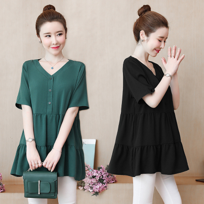 闪洛大码女装上衣女2021夏季胖妹妹200斤加肥加大宽松遮肉短袖衬衣