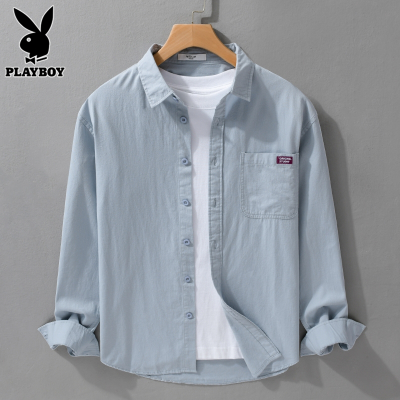 花花公子纯棉衬衫男士长袖夏季日系潮流寸衫免熨烫休闲衬衣外套男款
