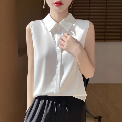 丝绸缎面25夏季新款女装POLO领无袖衬衫短款百搭T恤背心气质上衣