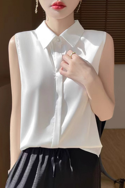 丝绸缎面25夏季新款女装POLO领无袖衬衫短款百搭T恤背心气质上衣