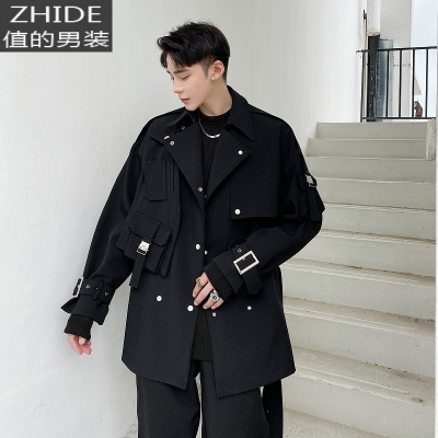 SUNTEK小众设计感风衣男个性潮流绑带炸街衣服韩版痞帅男士大衣秋冬外套风衣