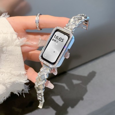 适用华为手环10表带新款麦穗编织手镯华为手环9表带时尚镶钻金属表链智能运动华为手环8表带小香风女生