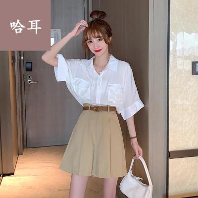 短袖衬衣寸衫女款半袖夏季2021新款韩版宽松减龄洋气翻领百搭气质短袖衬衫上衣女两件套