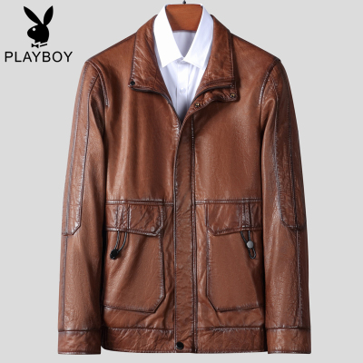 海宁真皮皮衣男士秋冬新款绵羊皮油蜡男翻领休闲皮夹克中年爸爸装.SNX-W5333