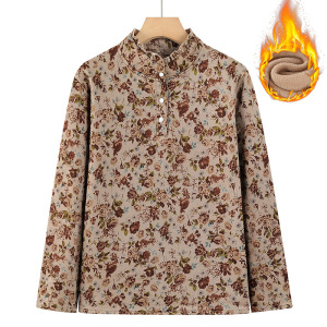 时尚印花女装洋气妈妈装打底衫中年内搭女加绒保暖冬装中老年上衣