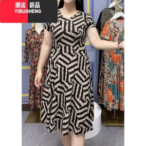 YIBUSHENG中老年季新款显瘦遮肚妈妈连衣裙女时尚V领短袖中长裙有口袋