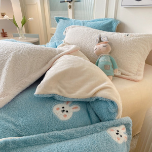 ins冬季加厚泰迪绒色毛巾绣圣诞树牛奶绒四件套珊瑚绒1.5m1.8米