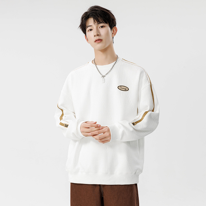 男装秋冬几何提花卫衣男新款韩版潮牌侧边条宽松套头圆领卫衣厂家