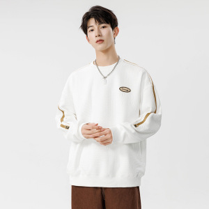 男装秋冬几何提花卫衣男新款韩版潮牌侧边条宽松套头圆领卫衣厂家