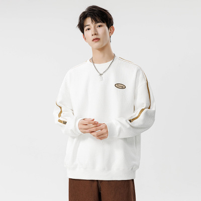 男装秋冬几何提花卫衣男新款韩版潮牌侧边条宽松套头圆领卫衣厂家