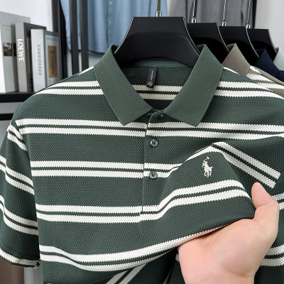 2026夏季新款条纹翻领短袖男T恤时尚刺绣马标休闲透气男士polo衫