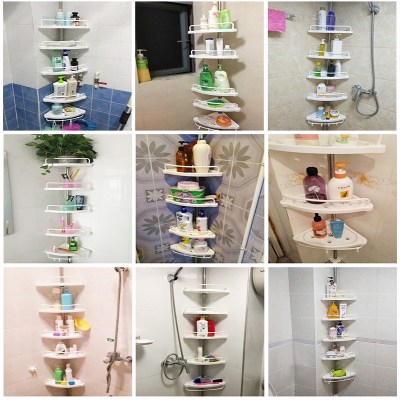 顶天立地卫生间置物架不锈钢浴室壁挂免打孔落地米魁可伸缩三角收纳架5层托盘★没有毛巾杆